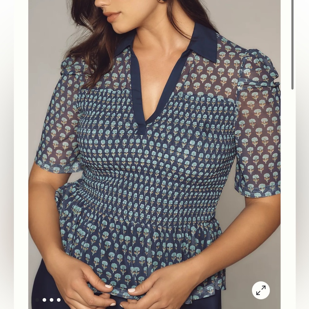 Maeve Short-Sleeve Smocked Polo Top new without tags